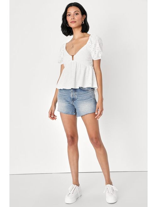 Lulus Brightest Days White Eyelet Puff Sleeve Peplum Top