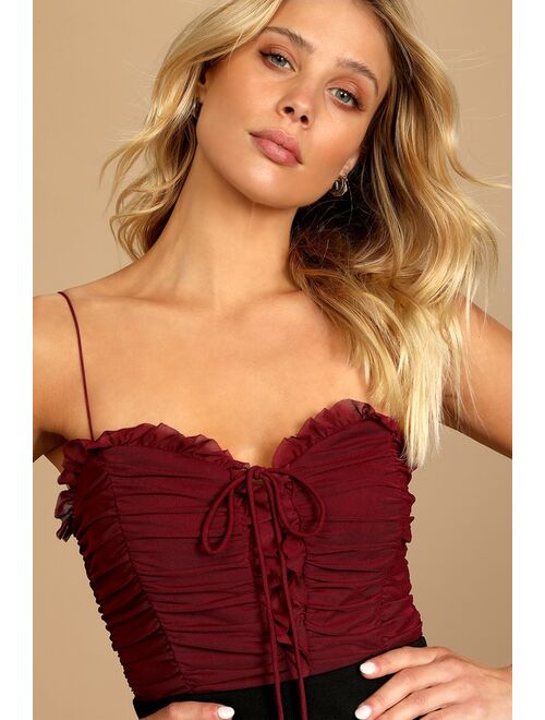 Lulus Some Nights Burgundy Lace-Up Ruched Sleeveless Bodysuit