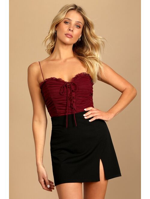 Lulus Some Nights Burgundy Lace-Up Ruched Sleeveless Bodysuit