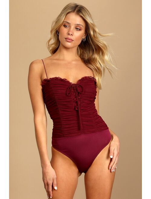 Lulus Some Nights Burgundy Lace-Up Ruched Sleeveless Bodysuit