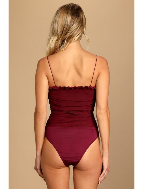 Lulus Some Nights Burgundy Lace-Up Ruched Sleeveless Bodysuit