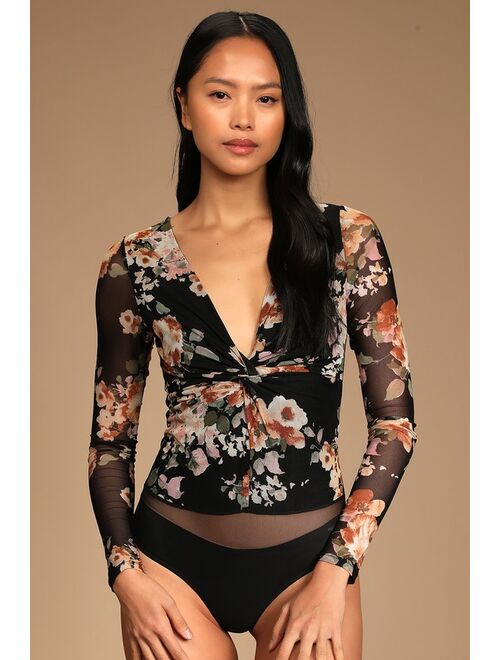 Lulus Majorly Moody Black Floral Twist-Front Long Sleeve Mesh Bodysuit