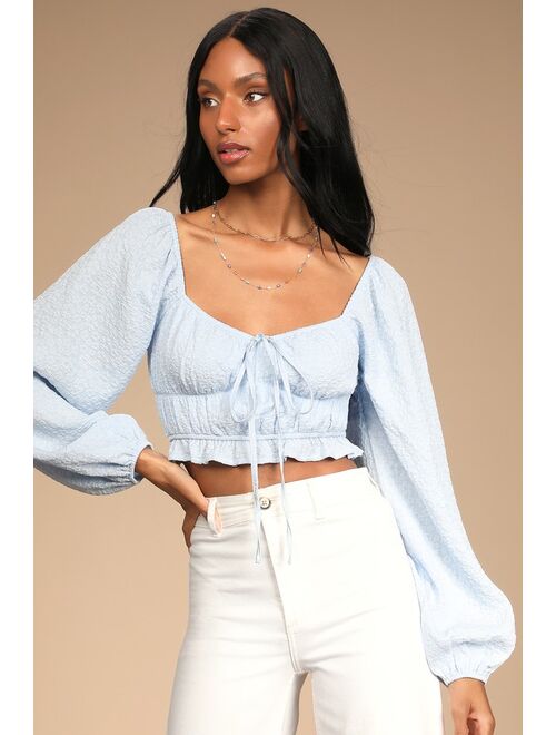 Lulus Feeling Forever Light Blue Floral Jacquard Long Sleeve Crop Top