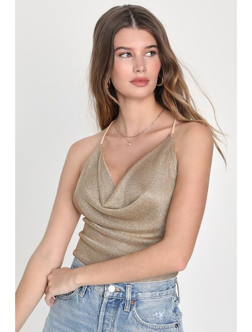 Lulus Trendy Energy Gold Metallic Cowl Neck Backless Cami Top