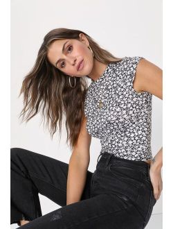 Updated Style Black and White Floral Mock Neck Short Sleeve Top