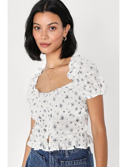 Lulus Charismatic Look Ivory Floral Print Ruffled Puff Sleeve Top