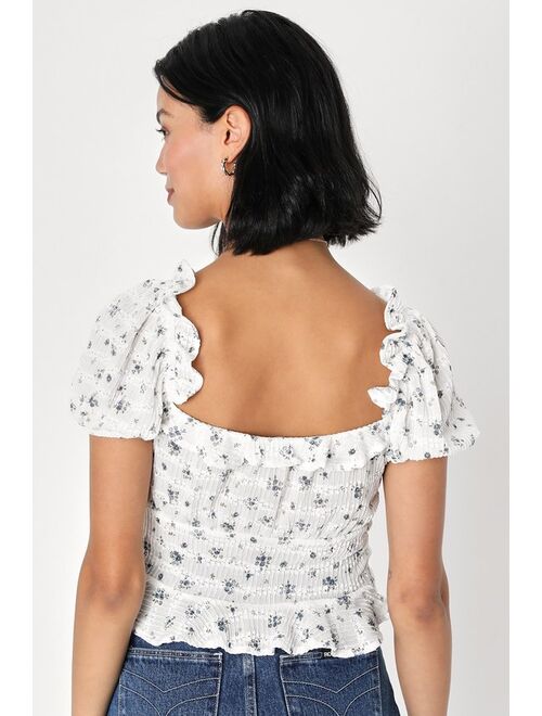 Lulus Charismatic Look Ivory Floral Print Ruffled Puff Sleeve Top