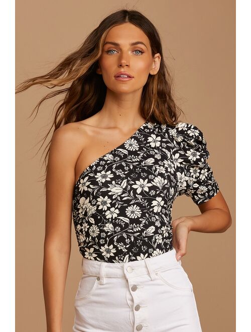 Free People Somethin Bout You Black Floral Print One-Shoulder Bodysuit