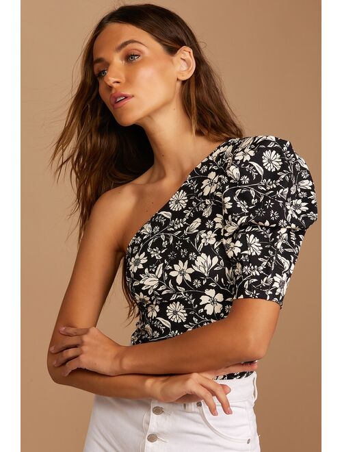 Free People Somethin Bout You Black Floral Print One-Shoulder Bodysuit