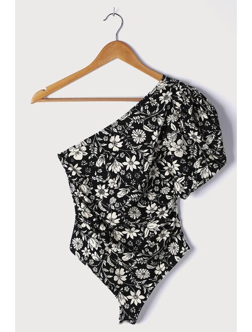 Free People Somethin Bout You Black Floral Print One-Shoulder Bodysuit