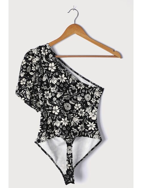 Free People Somethin Bout You Black Floral Print One-Shoulder Bodysuit