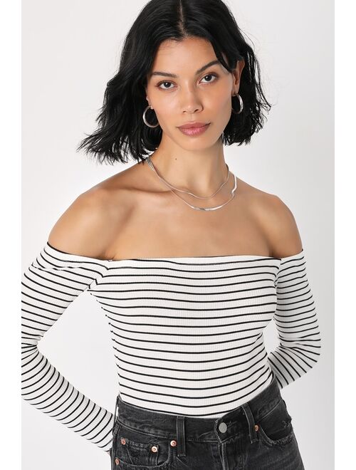 Lulus Absolute Amour White Striped Off-the-Shoulder Bodysuit