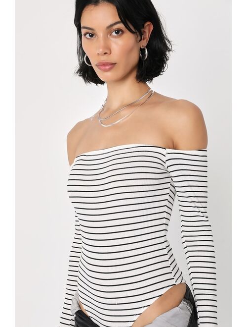 Lulus Absolute Amour White Striped Off-the-Shoulder Bodysuit