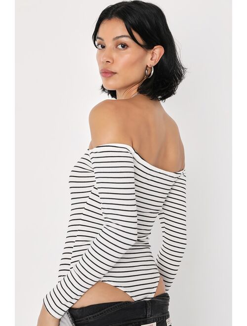 Lulus Absolute Amour White Striped Off-the-Shoulder Bodysuit