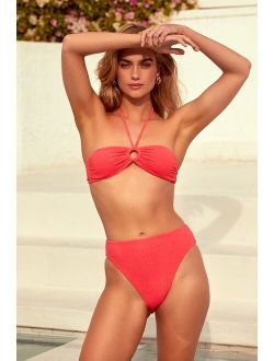 Waves For Days Coral Red Crinkle Keyhole Halter Bikini Top