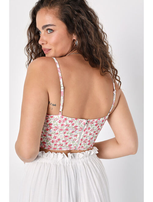 Lulus Flirty Fixation Ivory Floral Print Sleeveless Bustier Crop Top