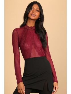 Show Stopping Burgundy Sheer Lace Long Sleeve Bodysuit
