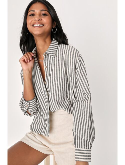 Lulus Chic Marvel White and Grey Striped Button-Up Long Sleeve Top