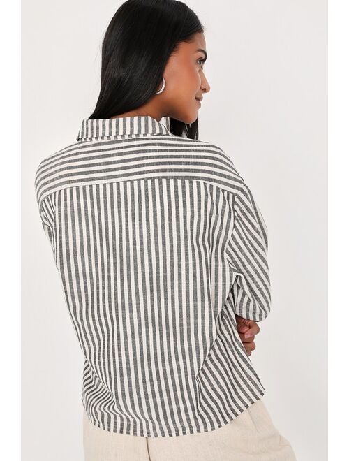 Lulus Chic Marvel White and Grey Striped Button-Up Long Sleeve Top