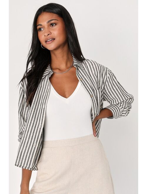 Lulus Chic Marvel White and Grey Striped Button-Up Long Sleeve Top