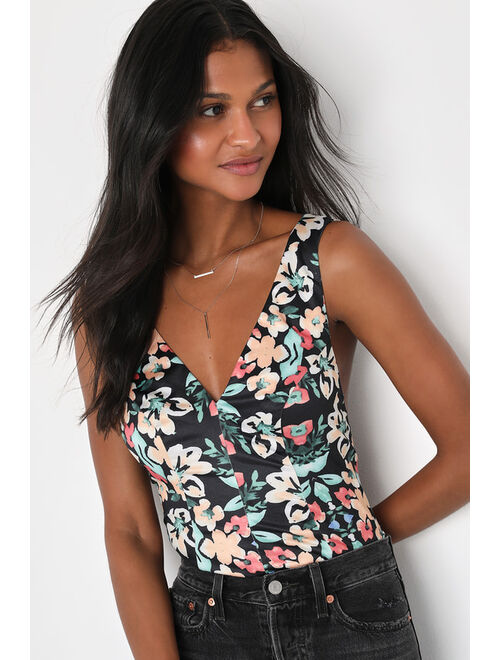 Lulus Sweetly Sultry Black Floral Tie-Back Sleeveless Bodysuit