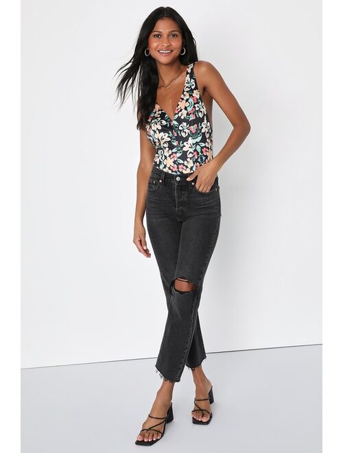 Lulus Sweetly Sultry Black Floral Tie-Back Sleeveless Bodysuit