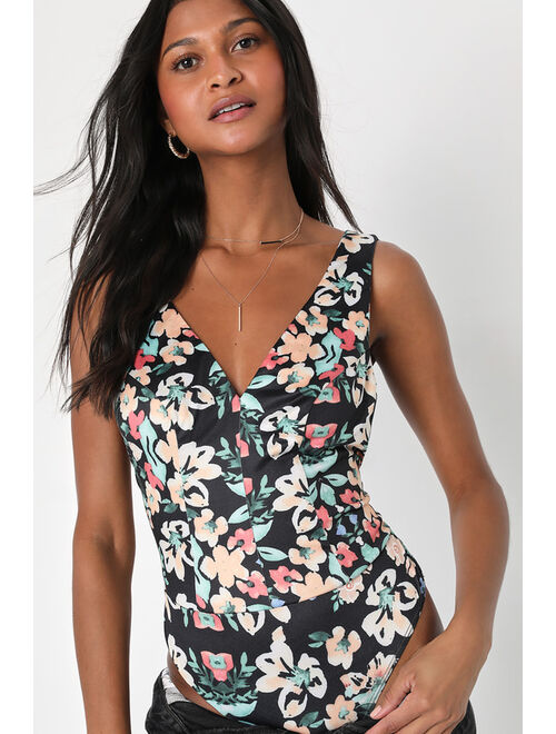 Lulus Sweetly Sultry Black Floral Tie-Back Sleeveless Bodysuit