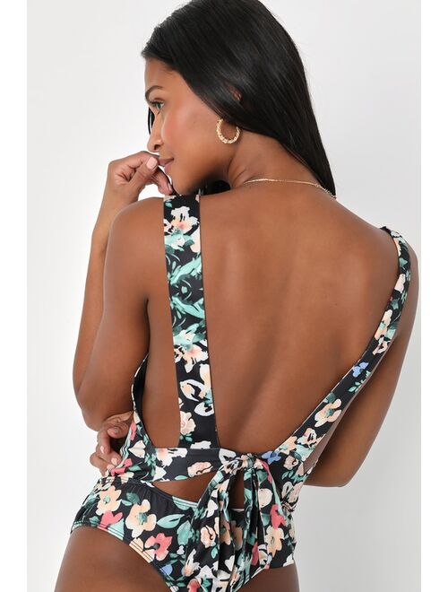 Lulus Sweetly Sultry Black Floral Tie-Back Sleeveless Bodysuit