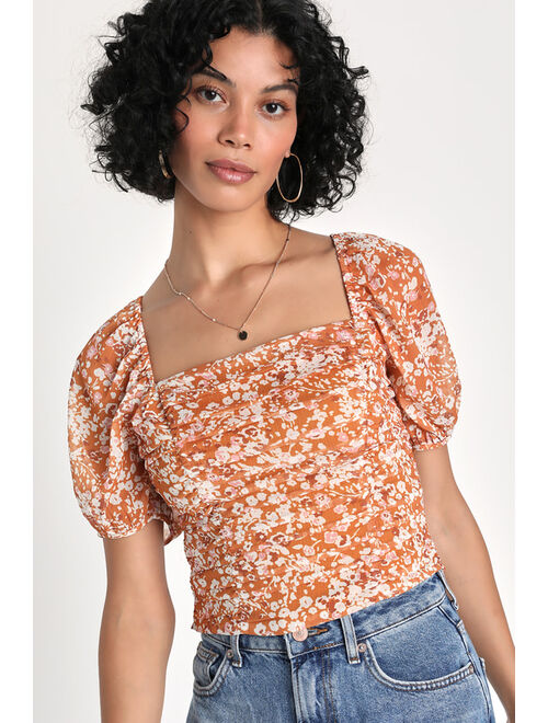 Lulus Sweet Appearance Rust Orange Floral Ruched Puff Sleeve Top