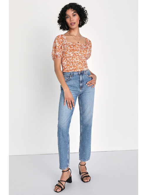 Lulus Sweet Appearance Rust Orange Floral Ruched Puff Sleeve Top