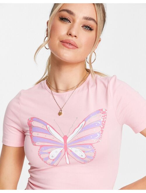 New Look cropped butterfly print T-shirt in pink