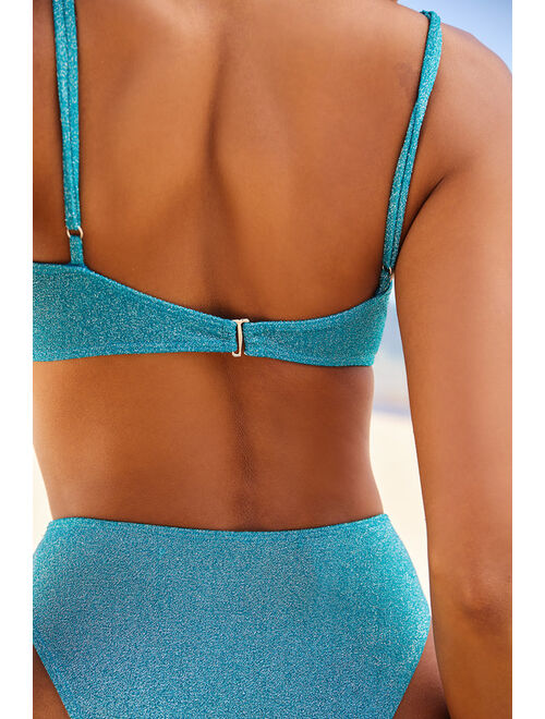 Lulus Sparkling Waves Teal Blue Sparkly Bikini Top