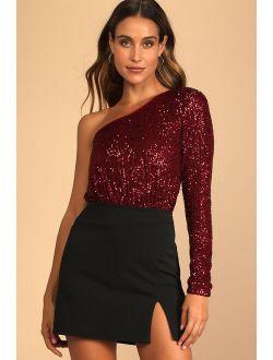 Dancing Diva Wine Red Sequin One-Shoulder Bodysuit