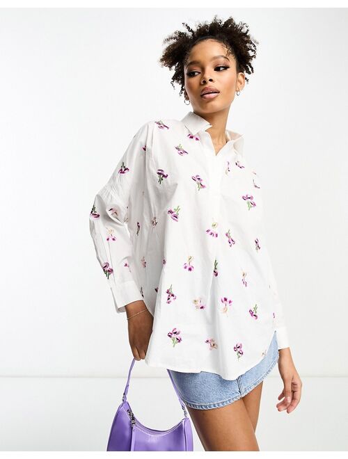 French Connection floral embroidered overhead shirt in white