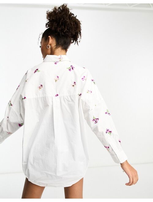 French Connection floral embroidered overhead shirt in white