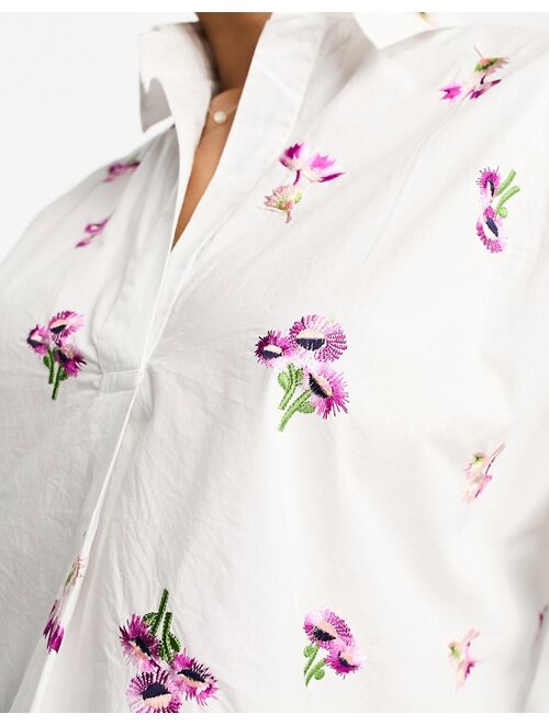 French Connection floral embroidered overhead shirt in white