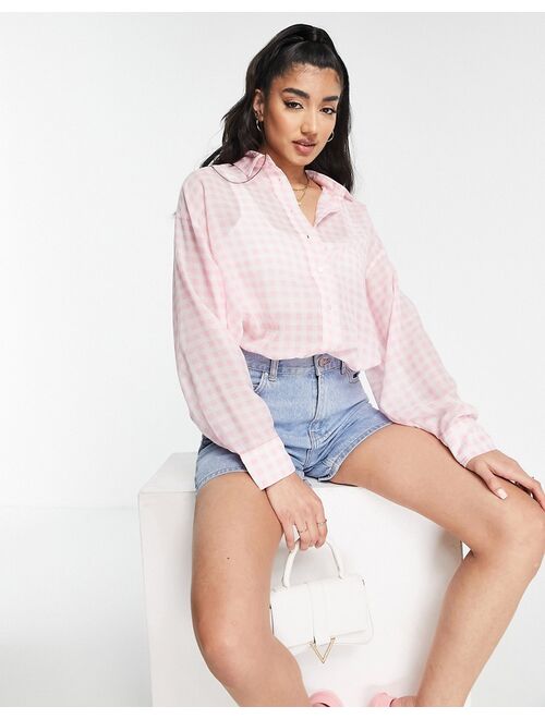 New Look oversized long sleeve shirt in pink gingham