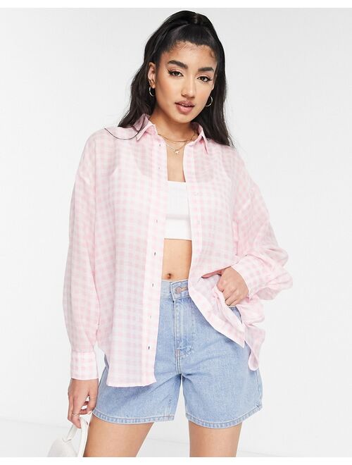 New Look oversized long sleeve shirt in pink gingham