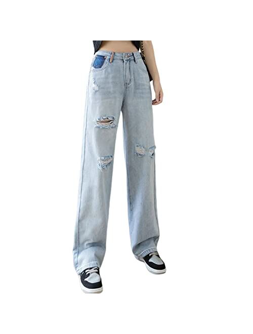 Viatabuna Women's Ripped Straight Leg High Waist Jeans Baggy Loose Distressed Wide Leg Denim Pants Vintage Boyfriend Jeans