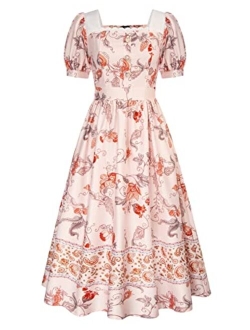 Women Elegant Victorian Dress Floral Square Neck Dresses Vintage 1950's Dress