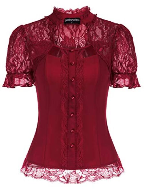 Scarlet Darkness Victorian Tops Short Lace Sleeve Shirts Stand Collar Blouse