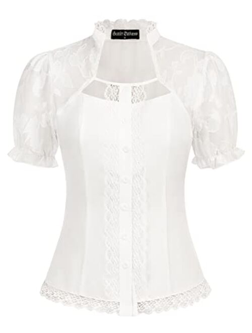 Scarlet Darkness Victorian Tops Short Lace Sleeve Shirts Stand Collar Blouse