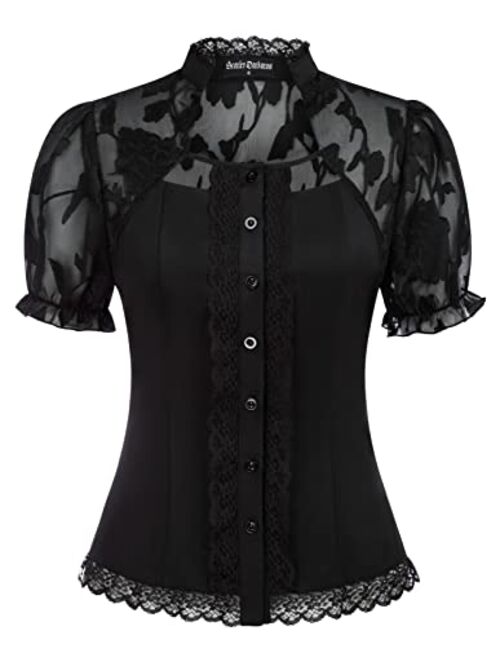 Scarlet Darkness Victorian Tops Short Lace Sleeve Shirts Stand Collar Blouse