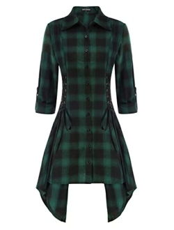 Women Gothic Plaid Shirt Dress Lace Up Handkerchief Hem Dress