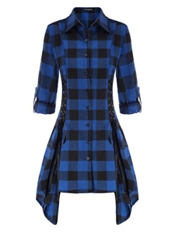 Women Gothic Plaid Shirt Dress Lace Up Handkerchief Hem Dress