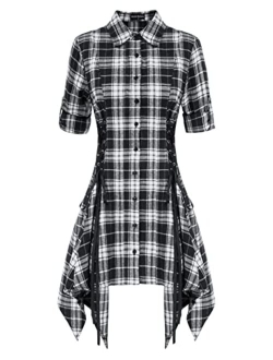 Women Gothic Plaid Shirt Dress Lace Up Handkerchief Hem Dress