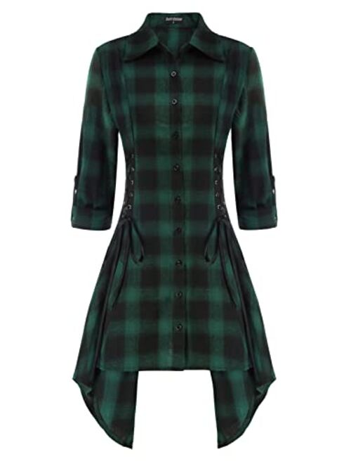 Scarlet Darkness Women Gothic Plaid Shirt Dress Lace Up Handkerchief Hem Dress