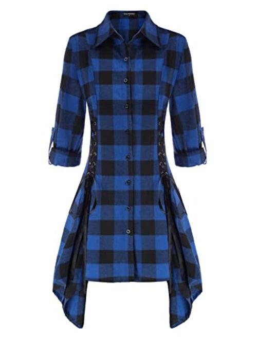 Scarlet Darkness Women Gothic Plaid Shirt Dress Lace Up Handkerchief Hem Dress