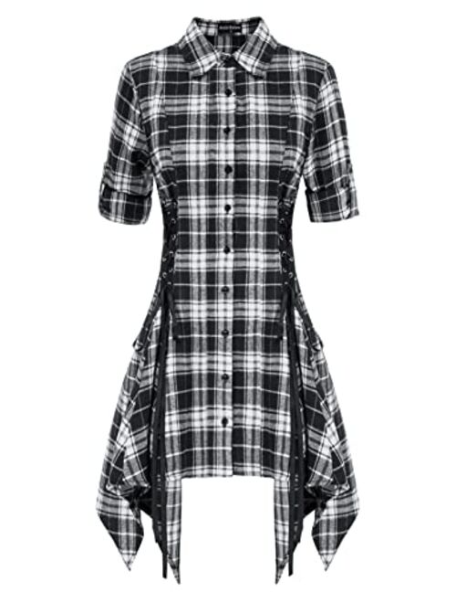 Scarlet Darkness Women Gothic Plaid Shirt Dress Lace Up Handkerchief Hem Dress