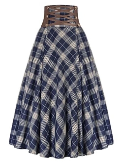 Women Gothic Punk Plaid Midi Skirts High Waist A-Line Long Skirt